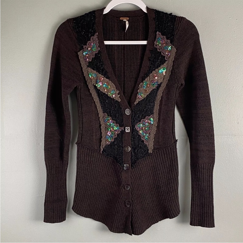 Free People Brown Women's Sweater Beaded and Lace V Neck Button Down Size S